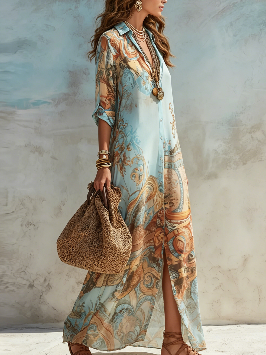 Blue Baroque Floral Chiffon Maxi Dress