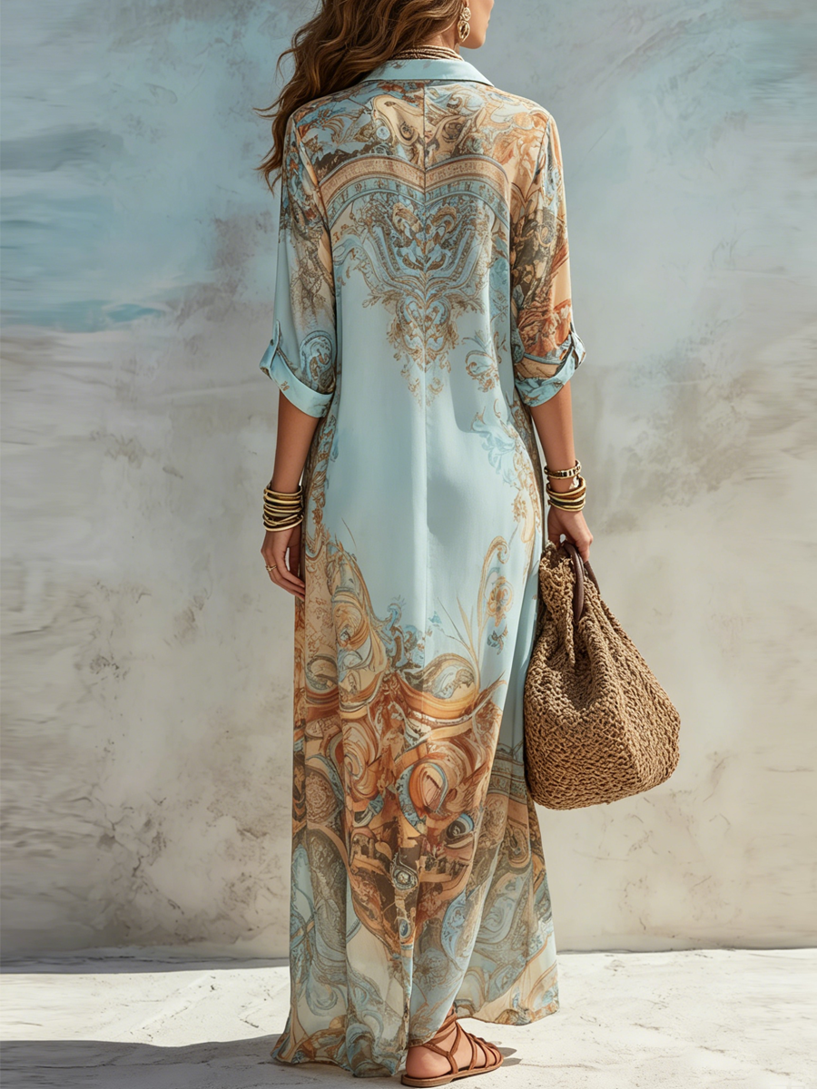 Blue Baroque Floral Chiffon Maxi Dress