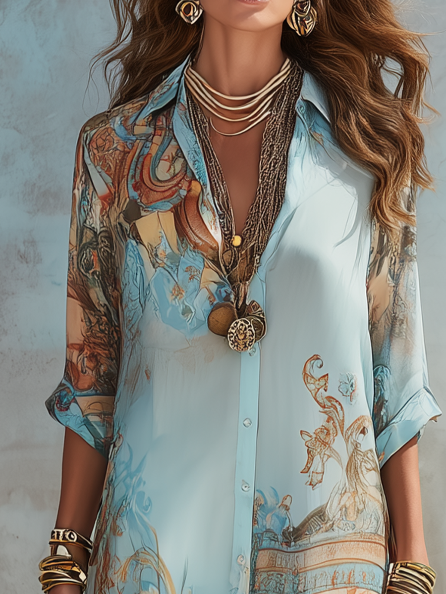 Blue Baroque Floral Chiffon Maxi Dress