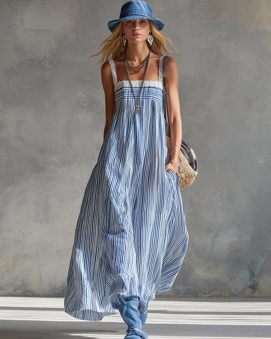 Stylish & Elegant Lace Trim Blue Striped Square Neck Maxi Dress