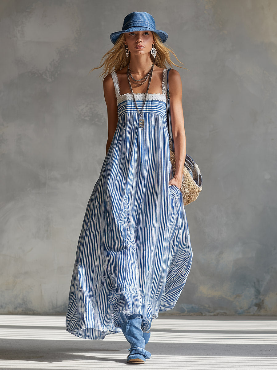 Stylish & Elegant Lace Trim Blue Striped Square Neck Maxi Dress