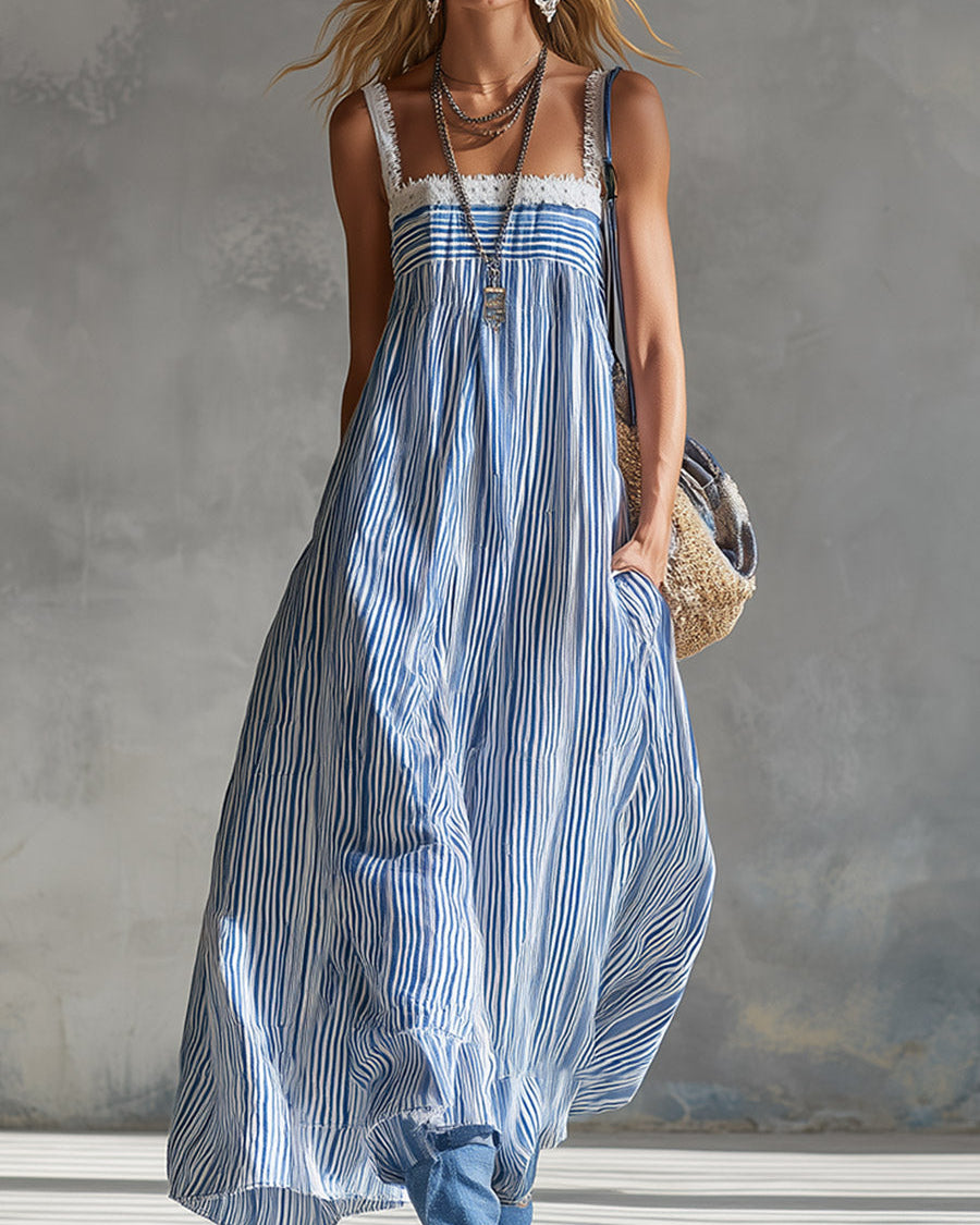 Stylish & Elegant Lace Trim Blue Striped Square Neck Maxi Dress