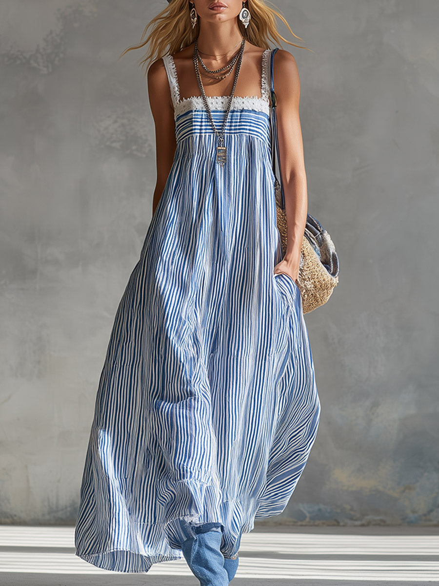 Stylish & Elegant Lace Trim Blue Striped Square Neck Maxi Dress