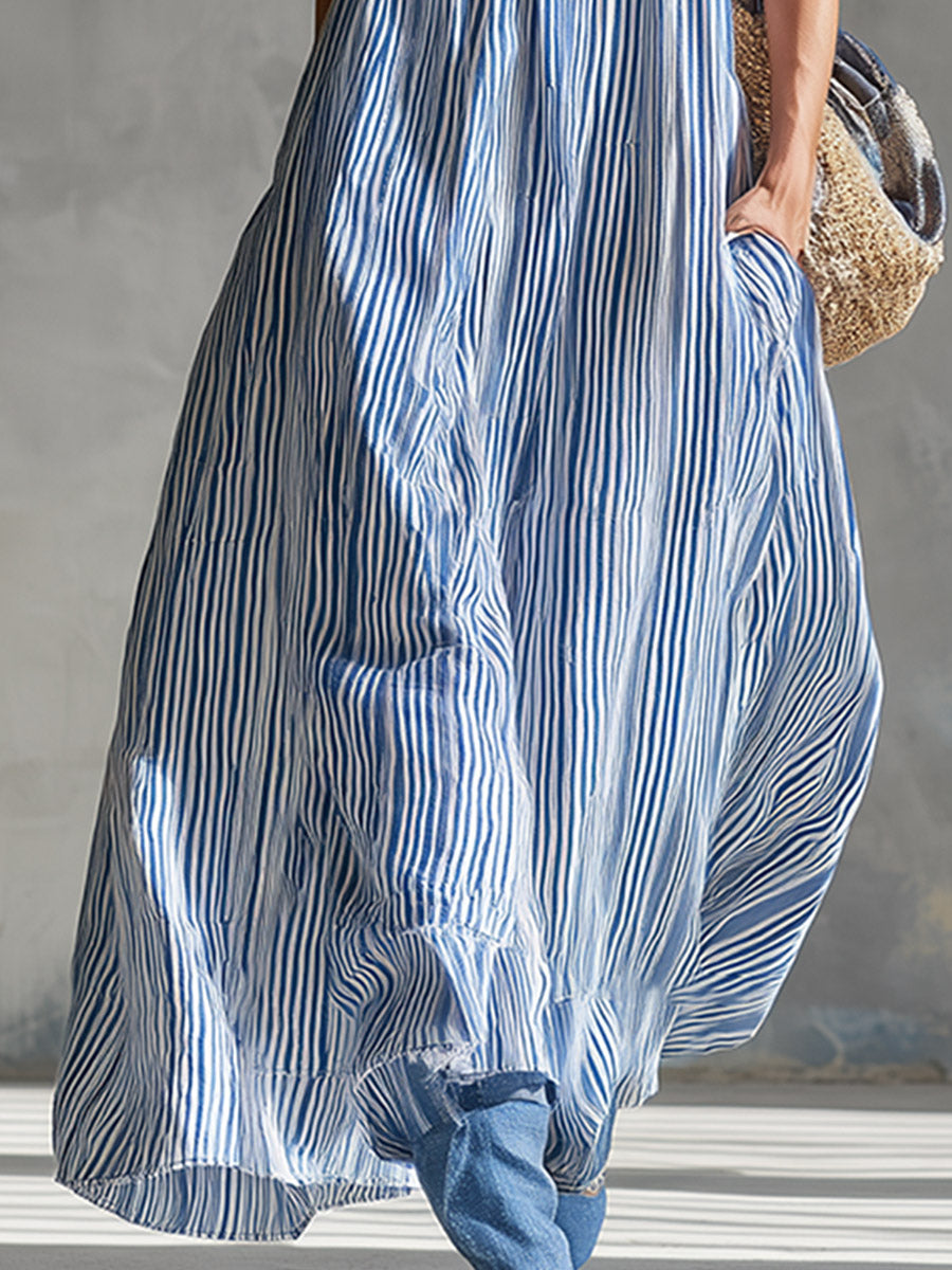 Stylish & Elegant Lace Trim Blue Striped Square Neck Maxi Dress