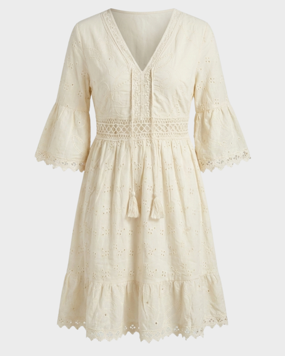 Scarlett | Women's Boho Mini Dress V-Neck Bell Sleeves Eyelet Lace