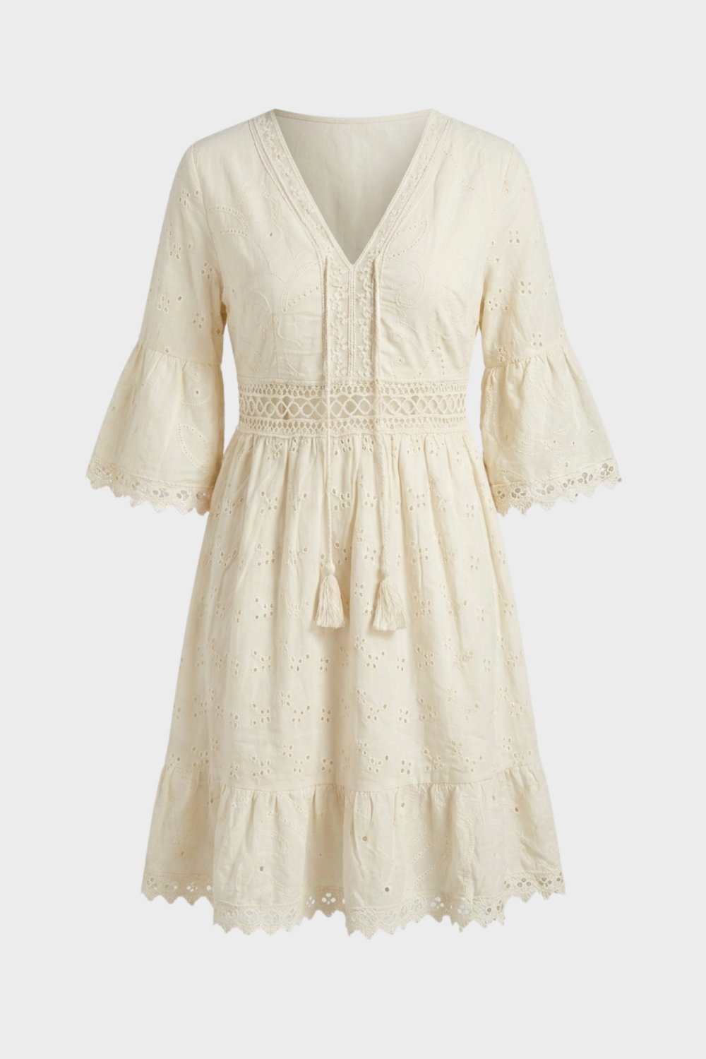 Scarlett | Women's Boho Mini Dress V-Neck Bell Sleeves Eyelet Lace