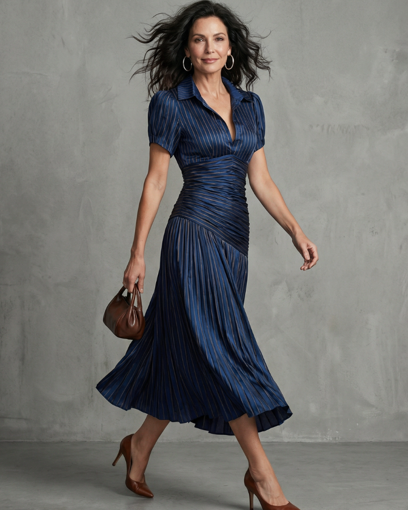 Theodora | Pleated Waistline Stripe Midi Dress