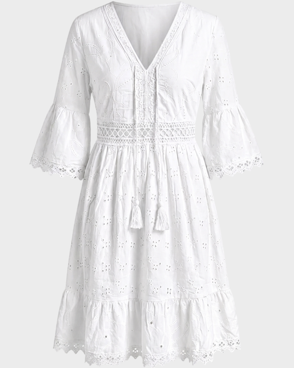 Scarlett | Women's Boho Mini Dress V-Neck Bell Sleeves Eyelet Lace
