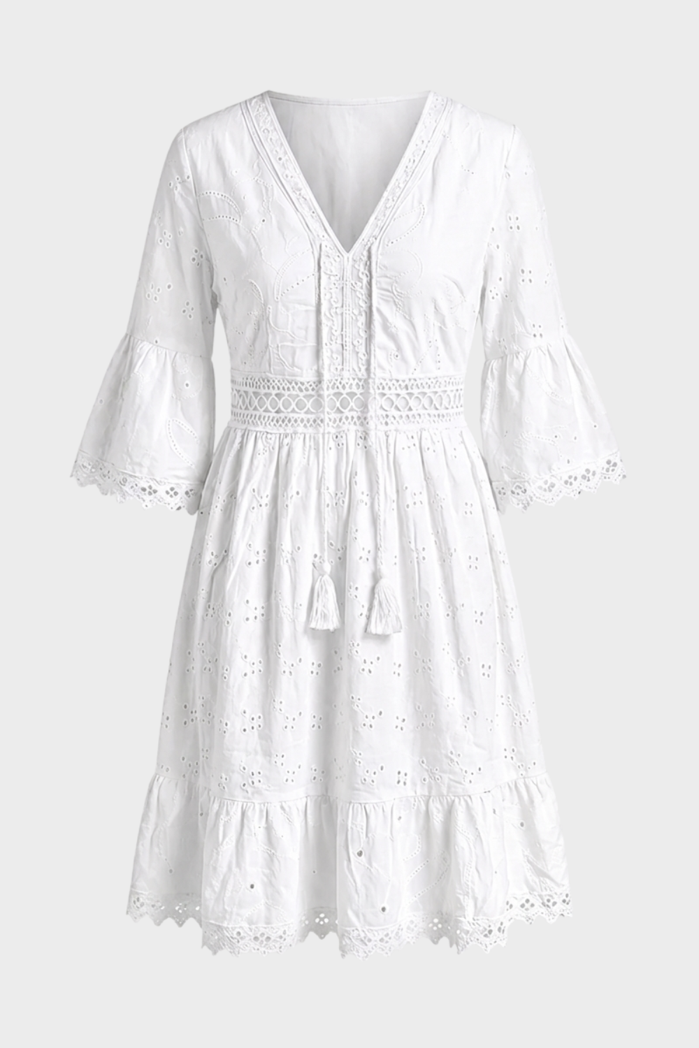 Scarlett | Women's Boho Mini Dress V-Neck Bell Sleeves Eyelet Lace