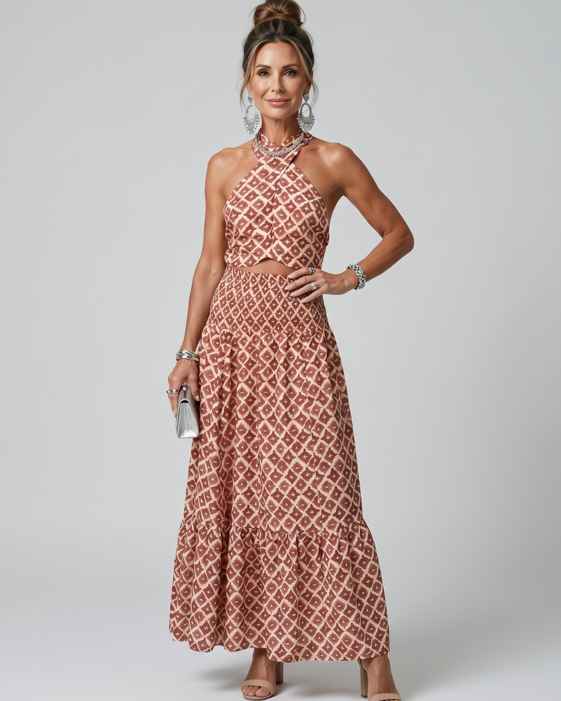 Amira | Cross Halter Geometric Print Cutout Midi Dress
