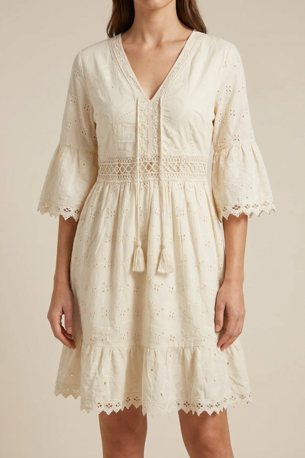 Scarlett | Women's Boho Mini Dress V-Neck Bell Sleeves Eyelet Lace