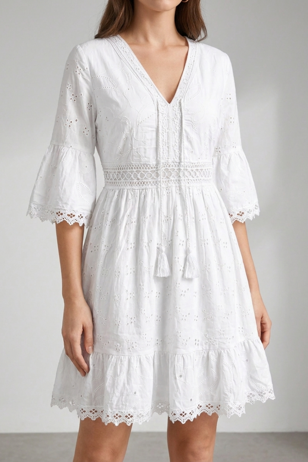 Scarlett | Women's Boho Mini Dress V-Neck Bell Sleeves Eyelet Lace