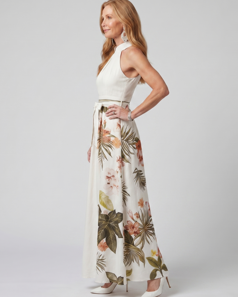 Meadow | Draped Halter Botanical Panel Maxi Dress