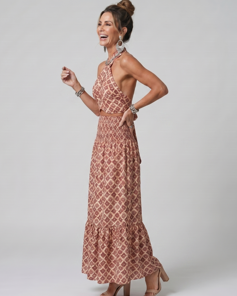 Amira | Cross Halter Geometric Print Cutout Midi Dress