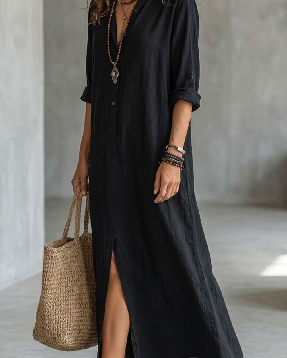 Women's Minimalist Solid Black Midi Shirt Dress