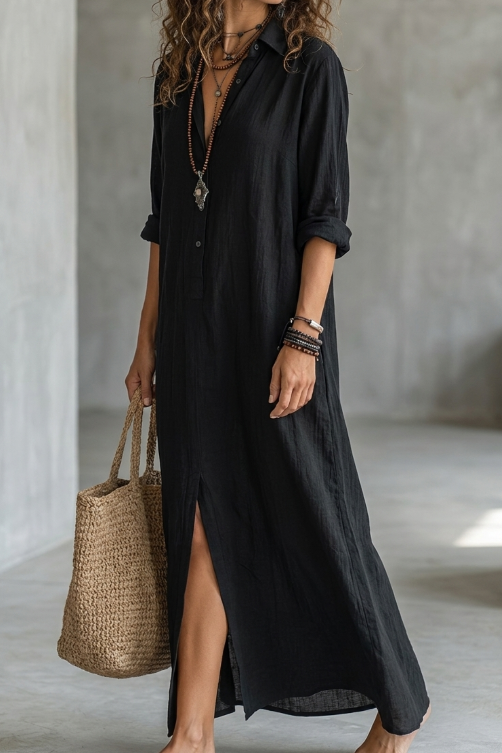 Women's Minimalist Solid Black Midi Shirt Dress