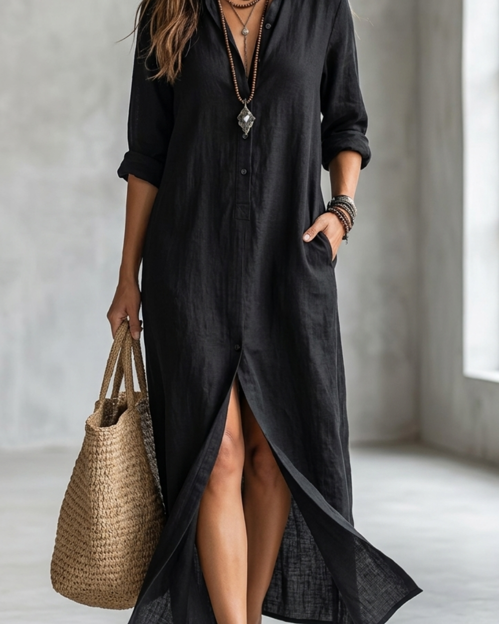 Women's Minimalist Solid Black Midi Shirt Dress