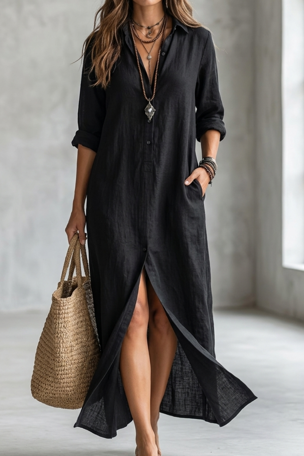 Women's Minimalist Solid Black Midi Shirt Dress