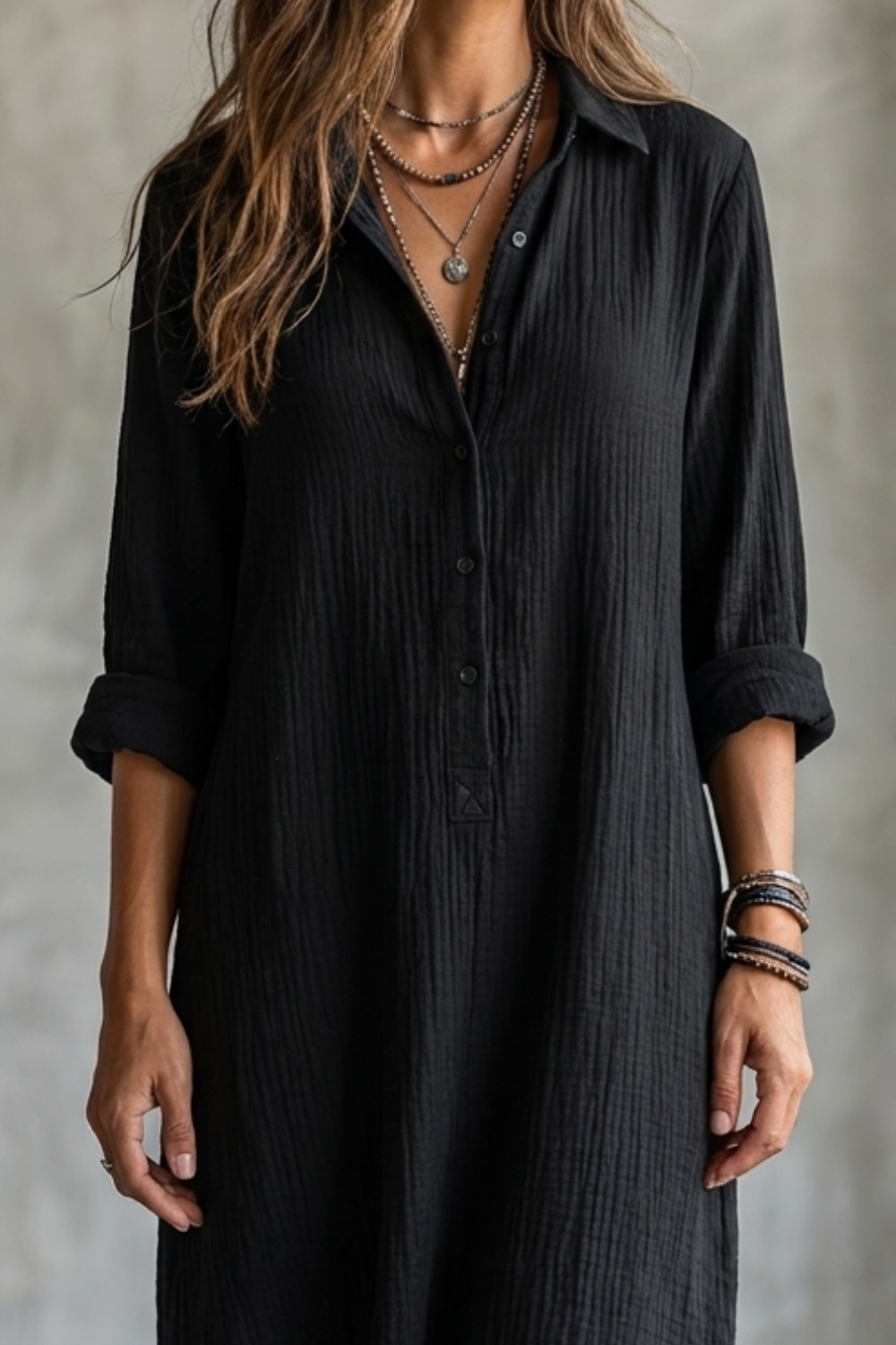 Women's Minimalist Solid Black Midi Shirt Dress