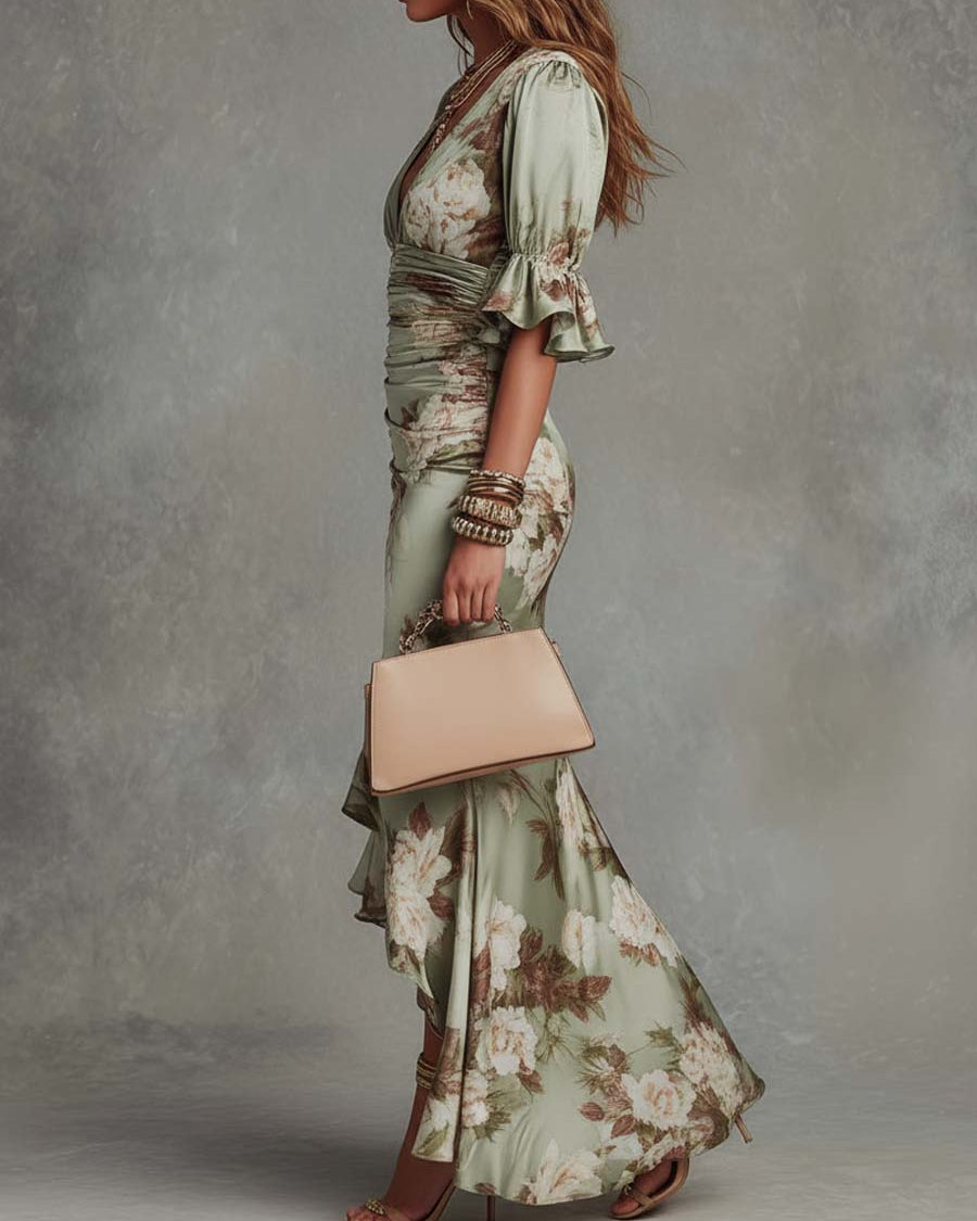 Anastasia | Long Satin Dress with Floral Print