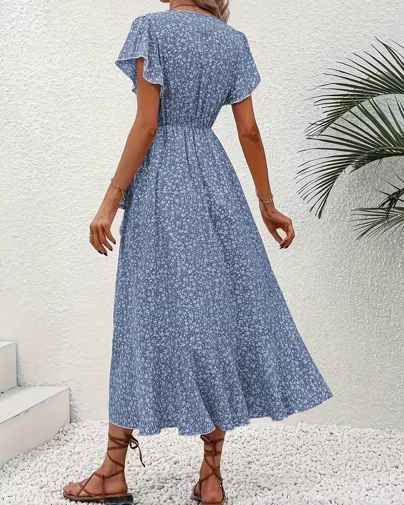 Skye | Floral Wrap Midi Dress with Ruffle Sleeves and Asymmetric Hem